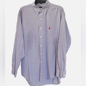 Ralph Lauren Blake Men’s L Button Down Navy Blue Check Shirt Classic Fit Cotton